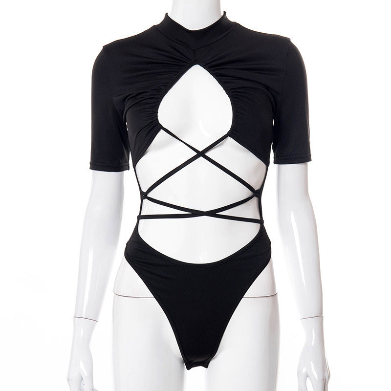 Solid Color High-neck Short-sleeved Cut-out Strappy Pleated Bodysuit
