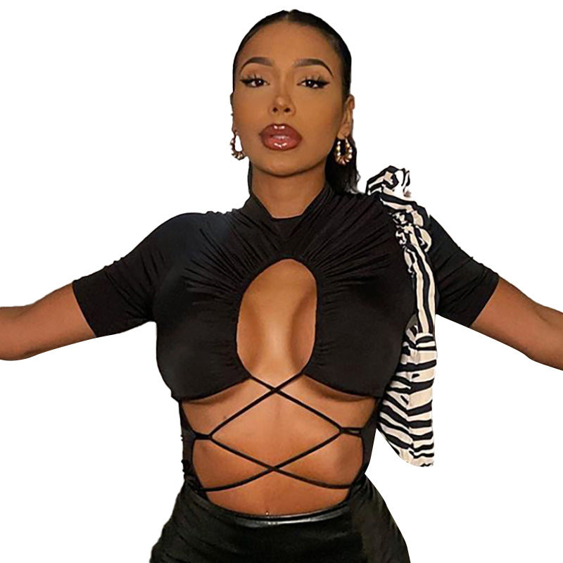 Solid Color High-neck Short-sleeved Cut-out Strappy Pleated Bodysuit
