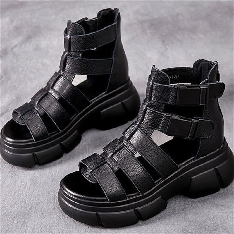 Female Leather Hollow-out Platform Retro Stylish Women's Sandals