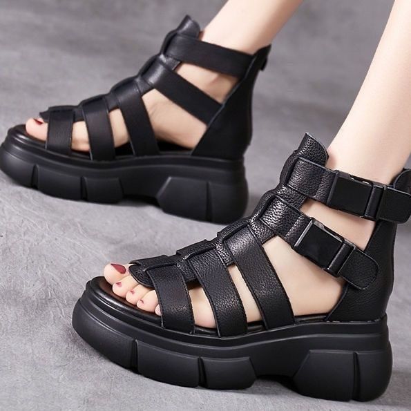 Female Leather Hollow-out Platform Retro Stylish Women's Sandals