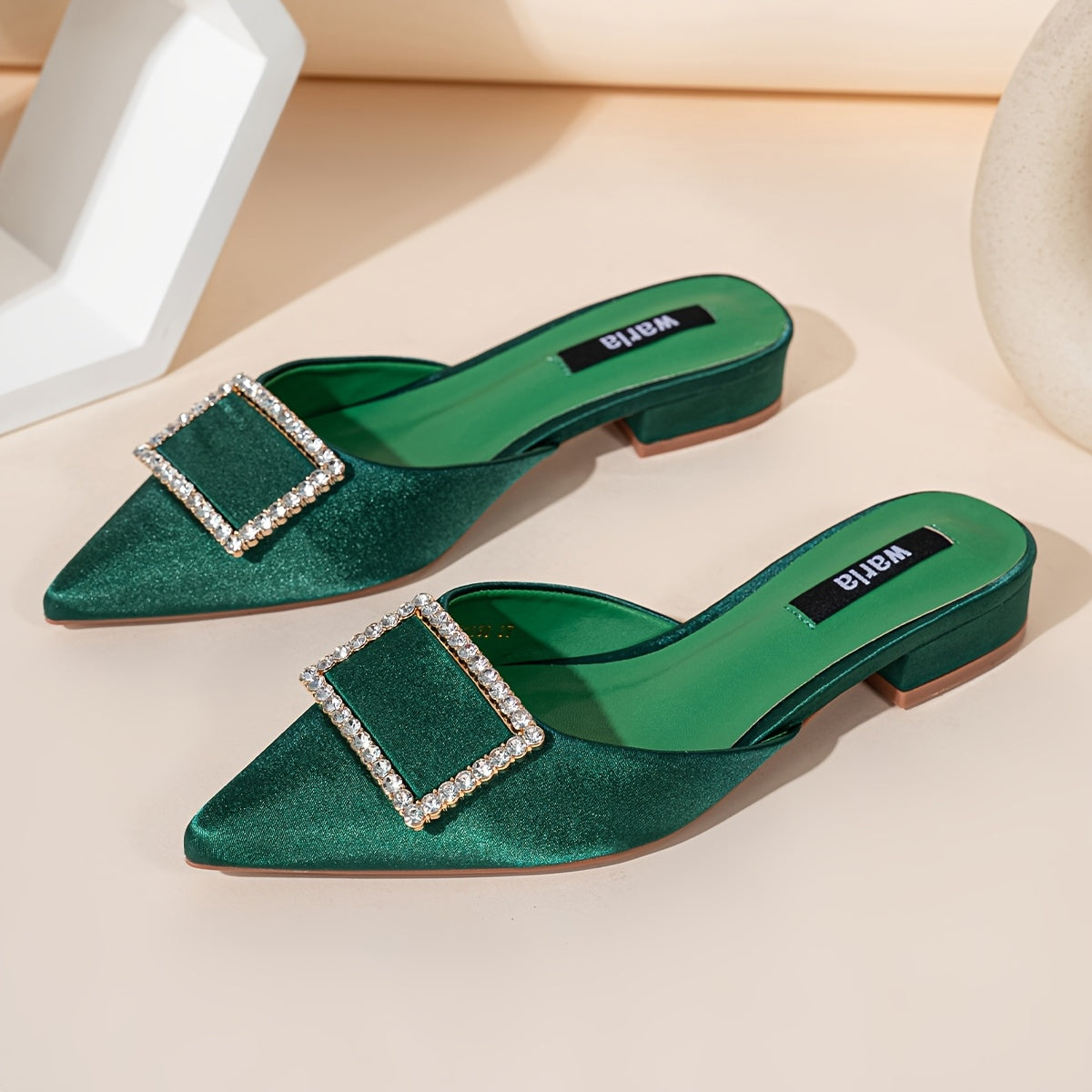 Womens SlipOn Pointed Toe Block Heel Pumps with Metallic Square Buckle  Low Heel Fabric Upper  Synthetic Cover Lining TPU Sole  GreenRedBlack for Casual  Formal Occasions Versatile Fashion Shoes Fashionable Footwear Durable Footwear