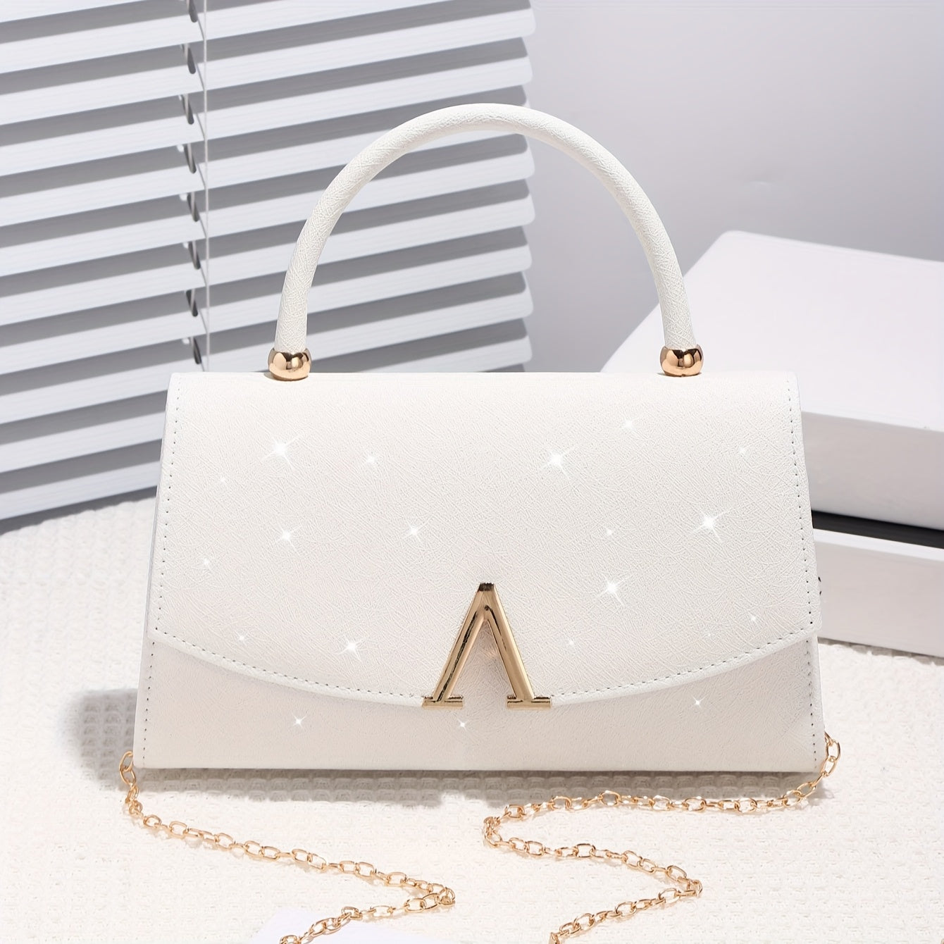 Elegant White Evening Clutch with Sequin Embellishment Large Capacity Tote with VShaped Metal Detail AntiTheft Buckle Closure Nylon Lined Polyester Material Urban Style for Weddings Parties Birthdays ValentineS Day Gift