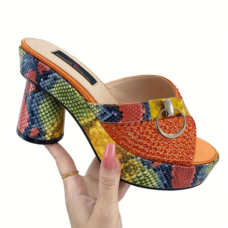 Womens Snakeskin  Rhinestone Pattern Sandasl Slip On Peep Toe Platform Chunky Heel Shoes Summer Casual Party Shoes for KoningsdagKings Day