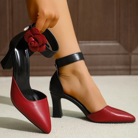 Elegant Pointed Toe Red and Black Block Heel Sandals Floral Decoration Synthetic Upper Synthetic Inner Rubber Sole Synthetic Insole with Hookandloop Fastener Closure for Allseason
